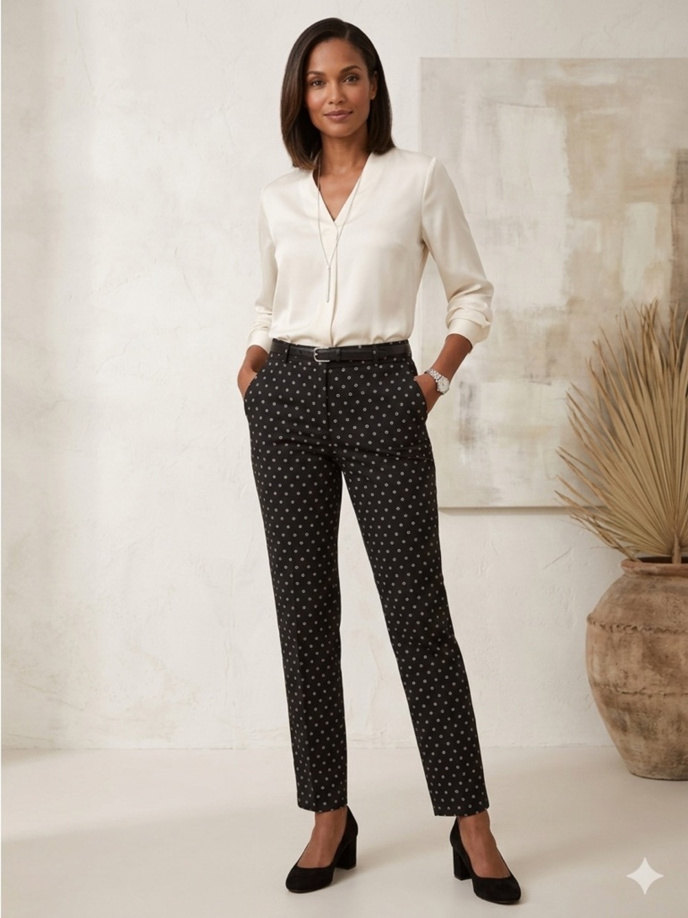 Talbots Pants Silk Black Cream Taupe Patterned Straight Leg Pockets Office sz 8